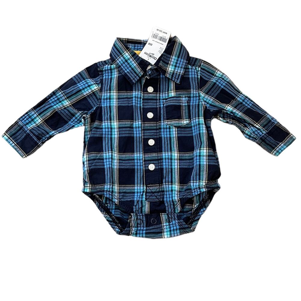 NEW Oshkosh Navy Blue Plaid Button Up Baby Onesie Shirt 6 Months